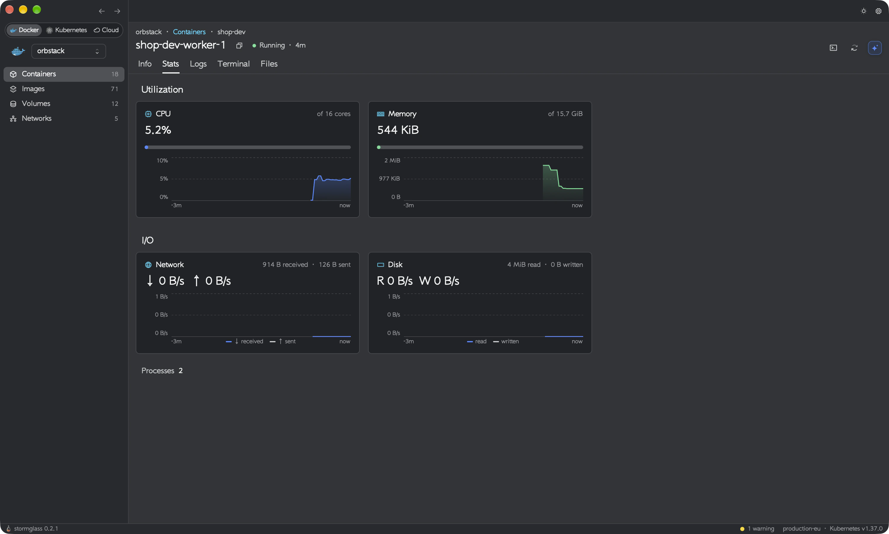 Docker mode: live CPU, memory, network and disk charts for a container